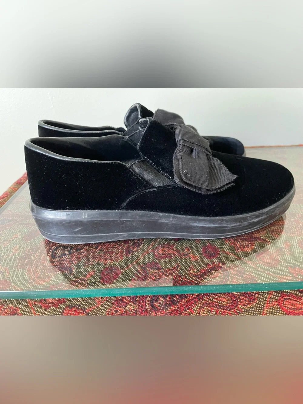 Prada Black Calzature Donna Slip-On Sneakers with Bow Detail